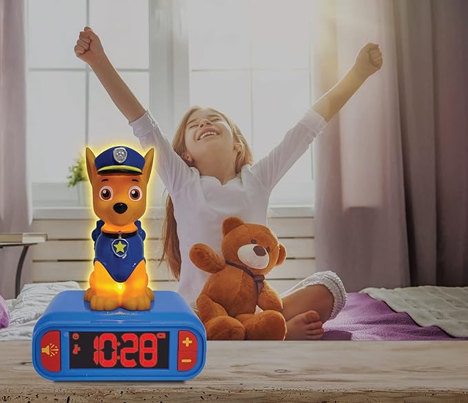 LEXiBOOK - Paw Patrol Chase Digital Alarm Clock with Night Light - Snooze Function - Dog Sound Effects - for Children/Kids - Luminous Clock with Chase, Blue/Red - RL800PA