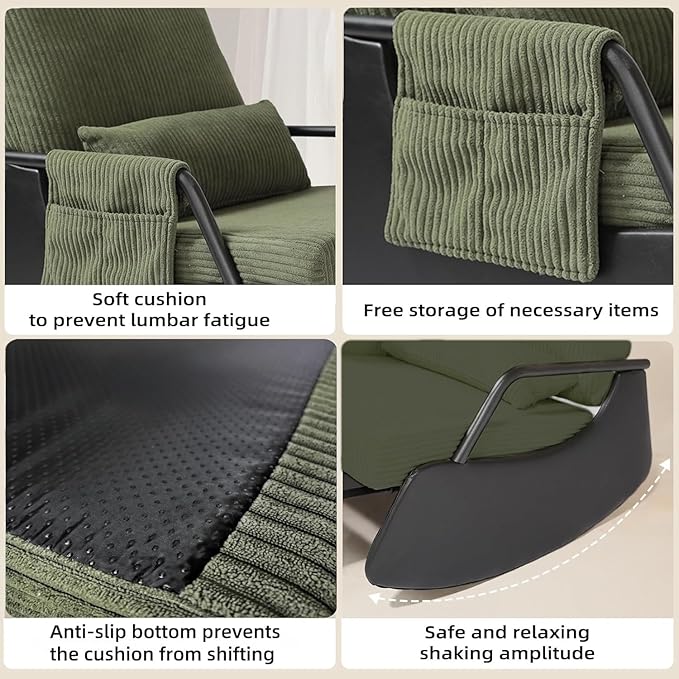 Rocking Chair for Nursery, Modern Upholstered Plush Seating Glider Recliner Chair with High Backrest and Side Pocket, Accent Armchair with Cushions for Living Room/Reading (Blackish Green)