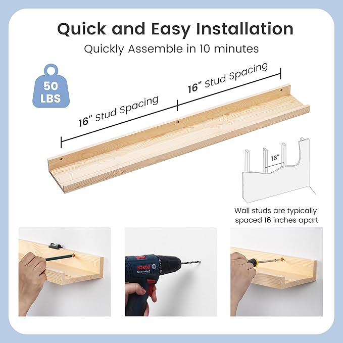 Picture Ledge Shelf for Wall, 36 inches Solid Pine Wood Nursery Book Shelves 3 Packs, Floating Ledge Shelves for Kids' Room Bedroom Bathroom Living Room Photo Frames Office Nursey Wall Decor, Natural