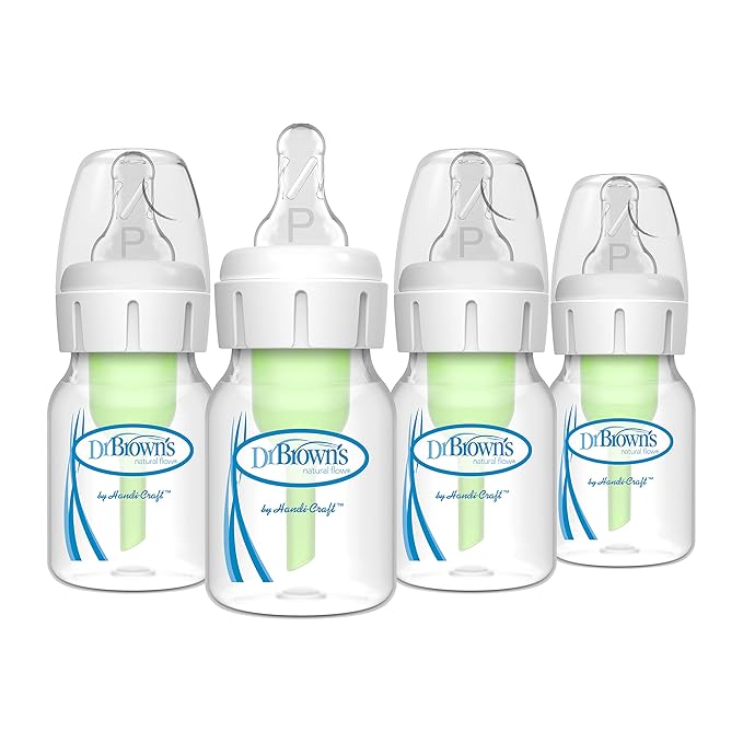 Dr. Brown's Natural Flow Anti-Colic Options+ Narrow Baby Bottle, 2 oz/60 mL, with Preemie Flow Nipple, 0m+, 4 Pack