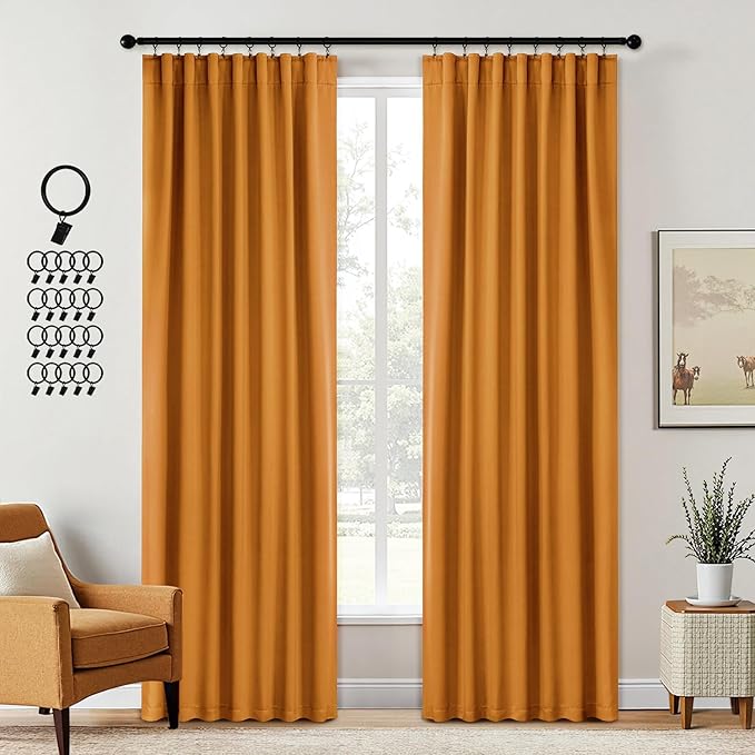 ANRODUO Back Tab Blackout Curtains for Bedroom Living Room, Rod Pocket Pinch Pleated Thermal Insulated Room Darkening Curtains 90 Inches Long 2 Panels, Mustard Yellow, 42 x 90 Inch