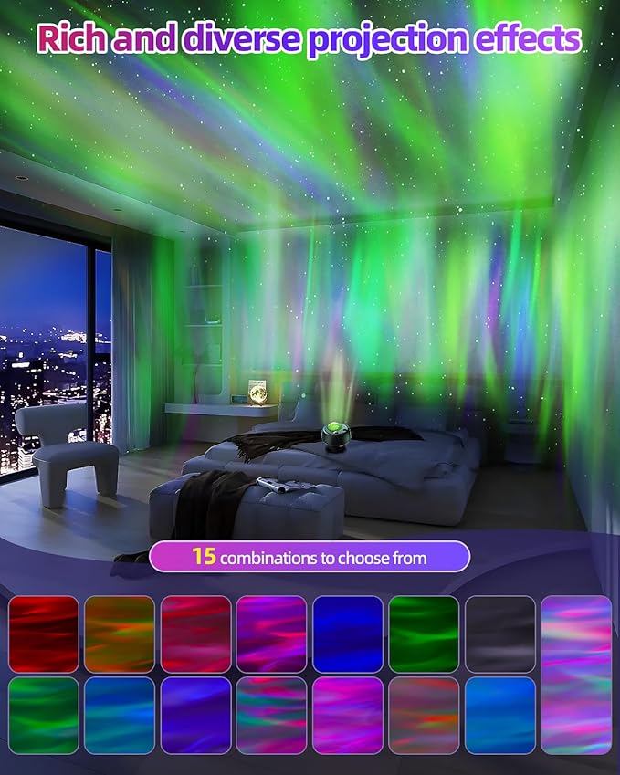 Largest Coverage Area Northern Lights Projector,15 Combinations Galaxy Projector,60 Light Effects Star Projector for Bedroom,Remote Night Light with Bluetooth Speaker,Timer