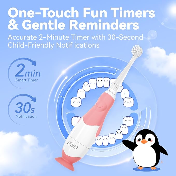 Toddler Electric Toothbrush, Soft Bristles, Colorful LED Light for Easy Checkups, Makes Brushing Fun, 2-Minute Timer for Proper Brushing, Cute Design, IPX7 Waterproof, Includes AAA Battery (Pink)