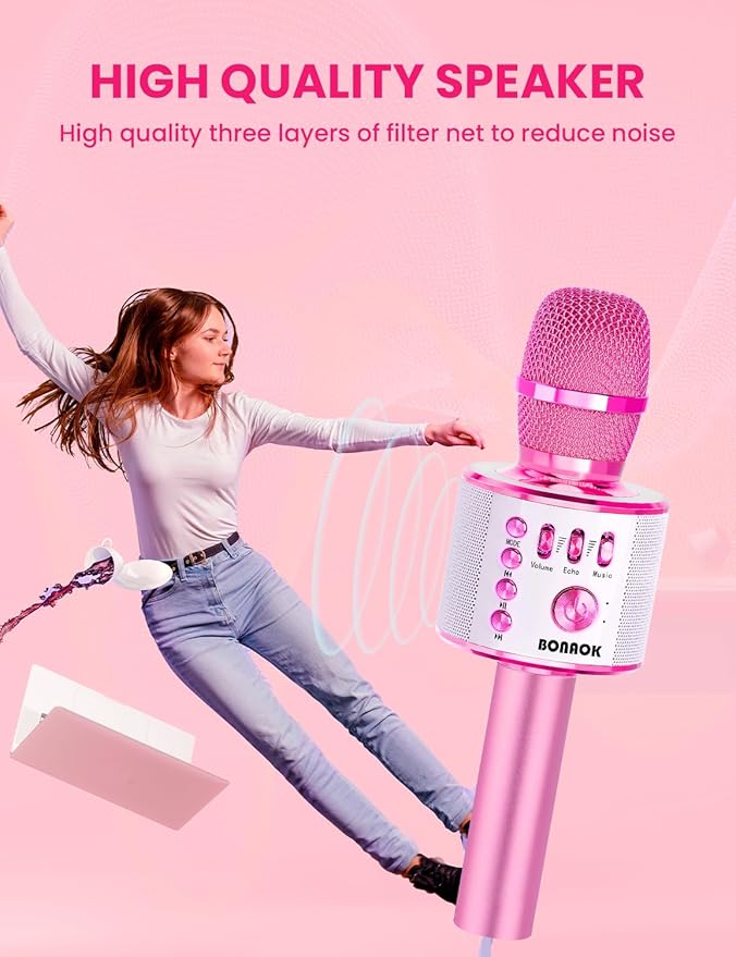 BONAOK Kids Karaoke Microphone, Wireless Bluetooth Microphone for Singing, Gift for Kids, Adults, Girls, Boys, Christmas Kids Toys Gifts for Ages 3, 4, 5, 6, 7, 8+ Years Old (Light Pinkcolor)