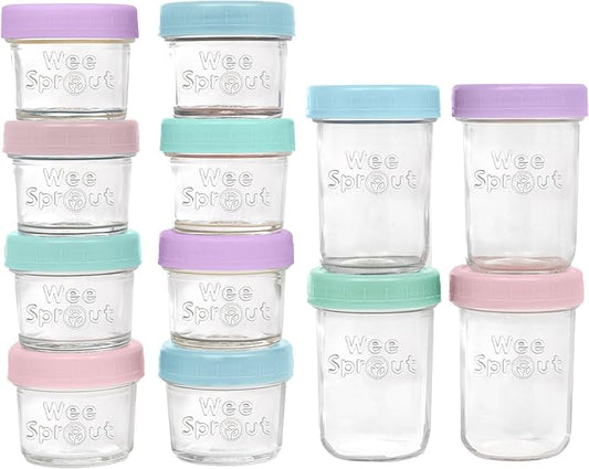 WeeSprout Baby Food Storage Glass Jars w/Lids (4/8 oz, 12 Pack) Pastel Variety, Snack, Reusable Small Containers, Fridge or Freezer, Microwave & Dishwasher Safe, Essentials for Infants