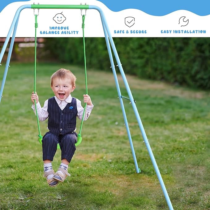 2-in-1 Toddler Swing Set with Metal Stand, Safety Belt & 4 Anchors - A-Frame Swing for Kids 6 Months+ (Blue, Indoor/Outdoor Backyard Playground)