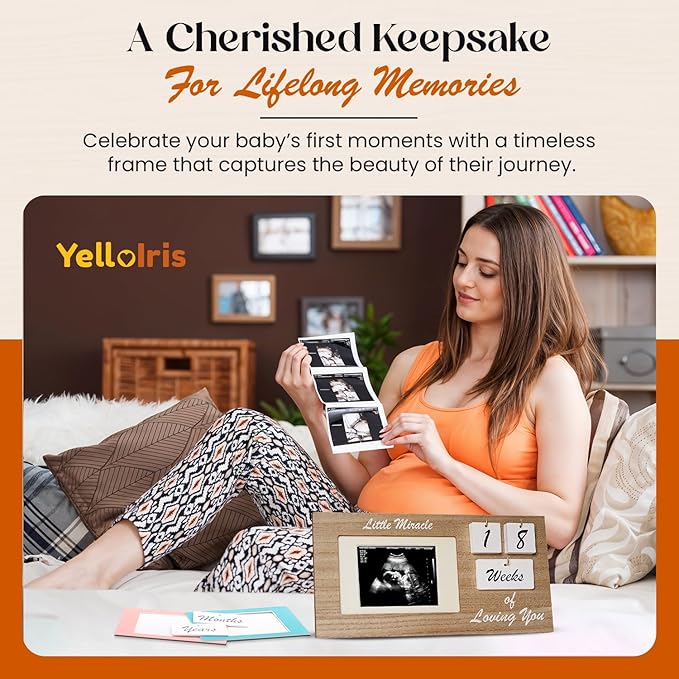 Brown Ultrasound Sonogram Picture Frame with Milestone Tracker – Elegant Wooden Keepsake for Expecting Parents – Nursery Décor Gift for New Moms – Countdown Tiles Included – 12" x 6" Design