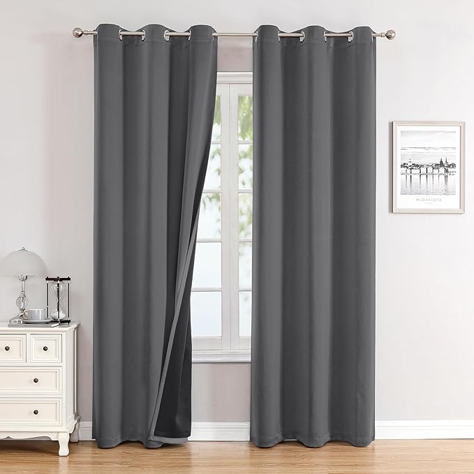 ChrisDowa 100% Blackout Curtains 78 inch Long for Bedroom with Black Liner, 2 Thick Layers Total Blackout Thermal Insulated Grommet Window Curtains 2 Panels Set (Grey, 42 x 78 Inch)