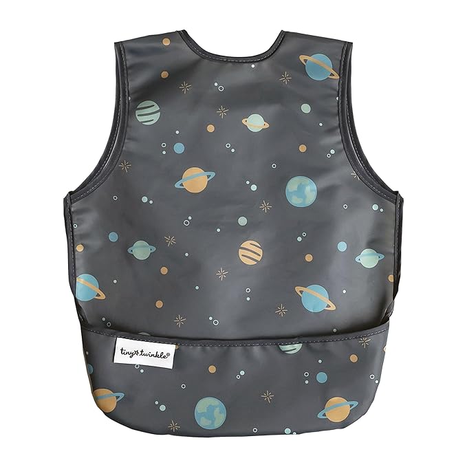 Tiny Twinkle Mess Proof Baby Bib - Waterproof & Lightweight Baby-Led Weaning Apron | 100% Recycled Polyester, Easy Clean & Machine Washable (Space, Small 6-24 Months)