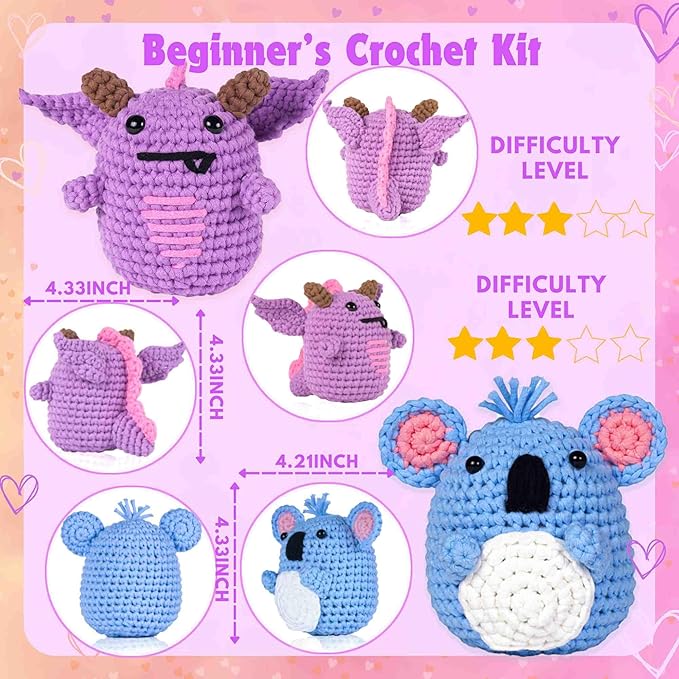 yhwsymgmho Crochet Kit for Beginners:2pcs Animals amigurumi Crochet Starter Kits with Step-by-Step Video Tutorials,Easy Knitting Set for Adults Kids,DIY Crocheting Doll Gift(Pterosaurs and Koalas)