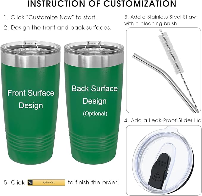 Personalized Tumbler, Vacuum Insulated Travel Coffee Mug 20oz, Gifts for Him, Father’s Day Gift, Keeps Drink Cold and Hot, Closing Lid Included (Green)