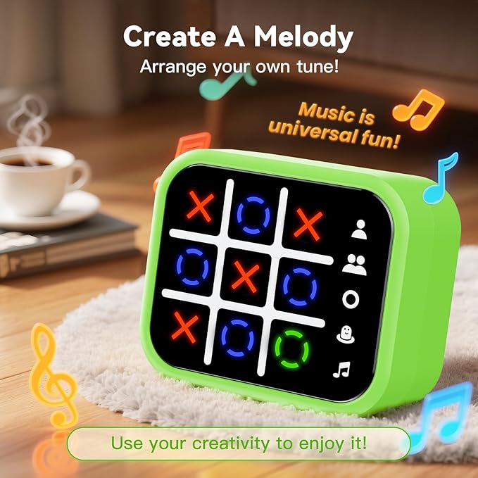 Rechargeable Tic Tac Toe Game Box with 5 Fun Brain Memory Games, Electronic Touchscreen Handheld Game, Portable Digital Puzzle Board Travel Toy, Gifts Choice for Kids and Adults (Green)