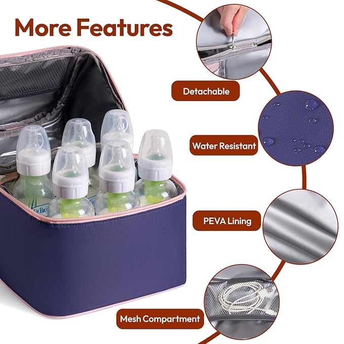 NCVI Breastmilk Cooler Bag with 2 Ice Pack, Breast Pump Bag with Cooler Fits 6 Bottles, Double Layer Breast Milk Baby Bottle Cooler Bag, for Travel, Nursing Mom Daycare, Work, Picnic (Purple)