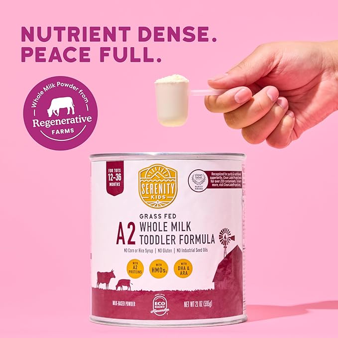 Serenity Kids 12-36 Months A2 Whole Milk Toddler Formula Powder - Organic Grass-Fed Milk Powder with Prebiotics & DHA & ARA for Brain & Eye Support - Clean Label Purity Award Certified - 21 Oz, 1 Pack