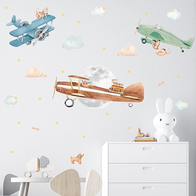 Airplane Wall Decals by Lipastick - Wall Decals for Boys Bedroom, Watercolor Vintage Plane Stickers for Kids, Boys Room, Baby Nursery, Toddler Decor - Premium Vinyl Aircraft Art
