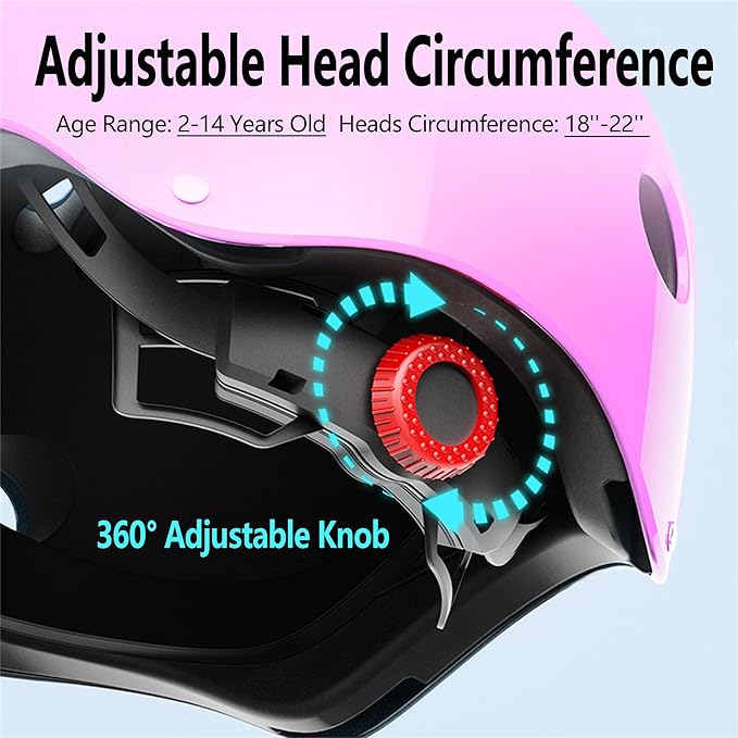 Kids Bike Helmet with Knee Elbow Wrist Pads Guards,Pink,for Ages 2-3-5-8-14,Sports Bicycle,Skate Scooter,Rollerblading with Unicorn Sticker