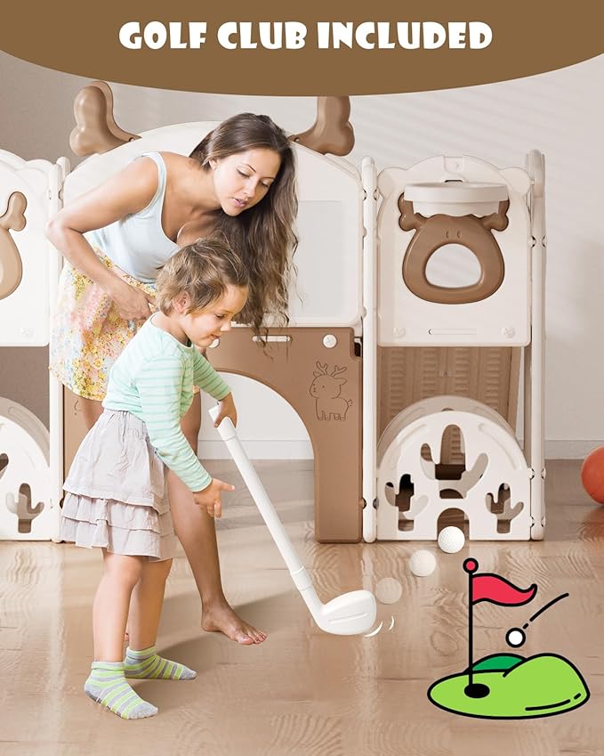 XJD 13 in 1 Toddler Slide Set, Kids Slide for Toddlers Age 1+, New Upgrade with Golf Set, Basketball Hoop, Drawing Board for Indoor Outdoor Playset,Toddler Playground (Brown)