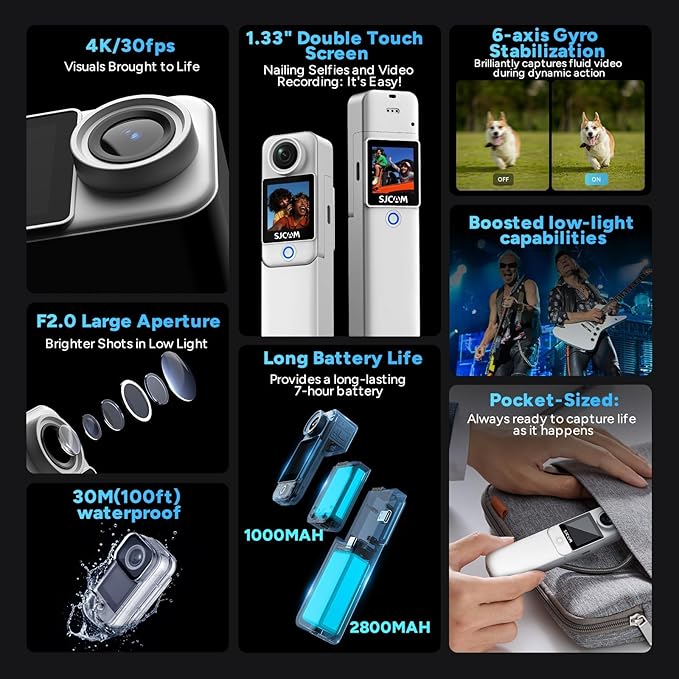 SJCAM C300 4K Vlogging Cam,7H Long Power,Super 6-Axis Stabilization Pocket Vlog Camera,Handheld Dual-Touch Screen Action Camera,30M Waterproof,Portable mini Tiny for Student,Ladies,Kids Action Cam