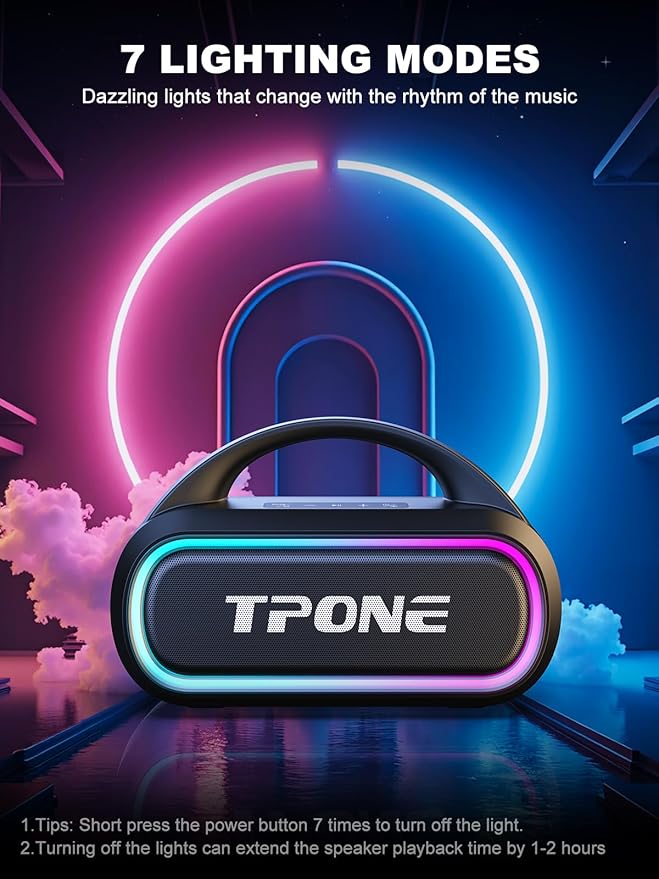TPone Portable Bluetooth Speaker, 30W Peak, 12H Playtime, IPX5 Waterproof with Light, TWS Pairing, Wireless Speaker for Home/Party/Outdoor/Beach, Birthday Gift (Black)