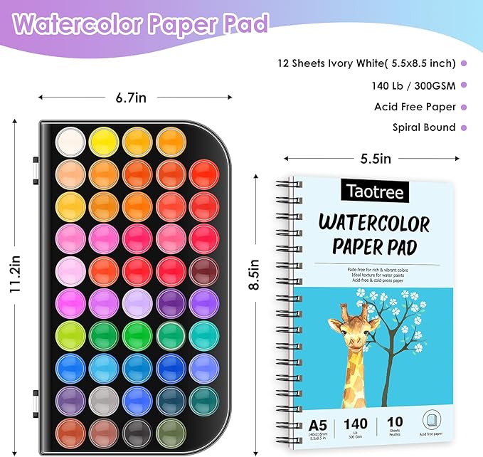 Taotree Watercolor Paint Set, 48 Colors Watercolors Kit Water Colors with 10 Paint Brushes, Brush Pens, Palette, Drawing Pad, Painting Supplies, Christmas Gifts for Teen Girls Boys Kids Adults Artist