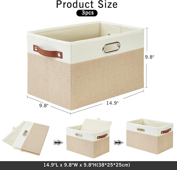Large Collapsible Fabric Storage Bins with 3 Handles, Foldable Organizer Baskets for Closet, Shelves, Living Room | 3 Pack, Durable PU & Metal Handles (14.9"x9.8"x9.8", Beige & White)