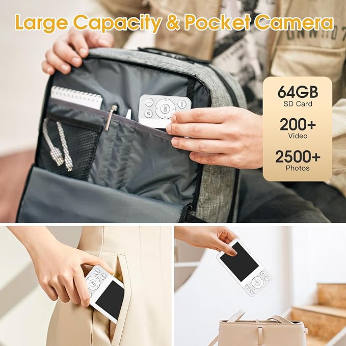 4K Digital Camera for Teens, FHD 64MP Digital Camera for Kids with 64GB SD Card, 18X Digital Zoom Cameras for Photography, Point and Shoot Video Camera for Kids, White