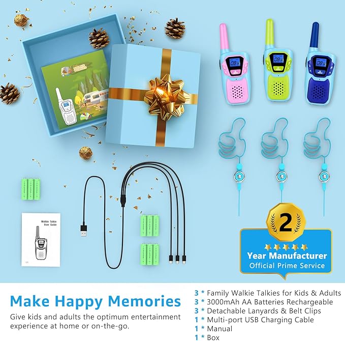 Walkie Talkies for Kids Long Range Rechargeable 4 Miles NOAA Walkie-Talkies for Adults Seniors Toddlers Boys Girls Teens 3 Pack, Family Pink 2 Way Radio Toy for Adventure Camping Skiing Cruise