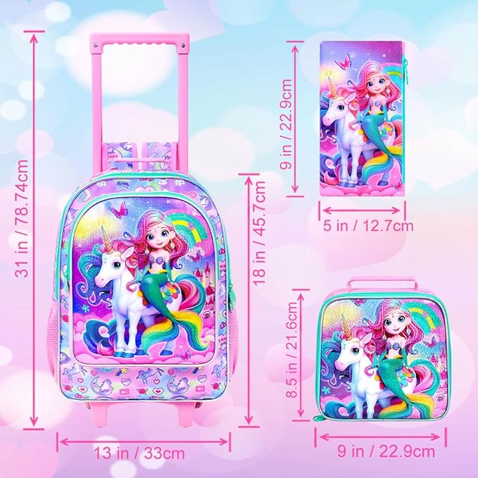 Girls Rolling Backpack, Cute Mermaid Roller Wheels Kids Bookbag - Wheeled Elementary School Bag - 3PCS Mermaid