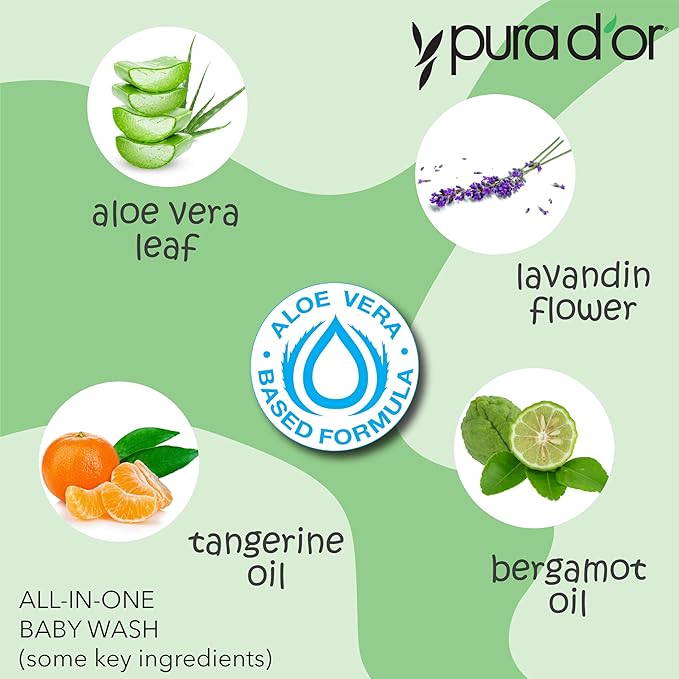 PURA D'OR 16 Oz All-in-One Calming Baby Wash & Shampoo For Hair & Entire Body, Tear Free, Sulfate Free, Natural Aloe Vera, USDA Biobased Gentle Formula