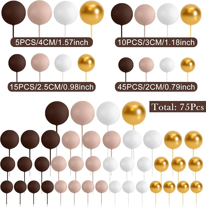 75 Pieces Cake Balls Topper Decorations Foam Cupcake Topper Mini Balloon Cake Topper Picks for Cake Deco Birthday Party Wedding（Brown Gold White Series）