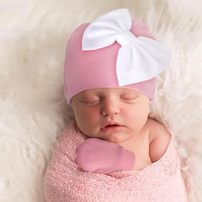 BQUBO Newborn Baby Hats Mittens Set Hospital Hat Beanie Infant Bow Hats Baby Gloves No Scratch Mittens for 0-6 Months
