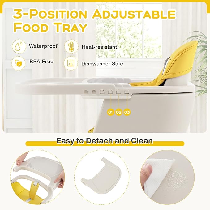 BABY JOY Convertible Baby High Chair, 3 in 1 Wooden Highchair/Booster/Chair with Removable Tray, Adjustable Legs, 5-Point Harness, PU Cushion and Footrest for Baby, Infants, Toddlers (Yellow)