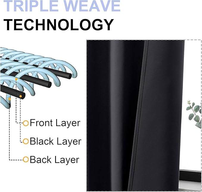 Simplebrand Ava Black Blackout Curtains for Patio 108 Inches Long 2 Panels Set, Solid Thermal Insulated Room Darkening Rod Pocket Window Treatment Curtains Blackout Drapes, W50 x L108 Inch, Black