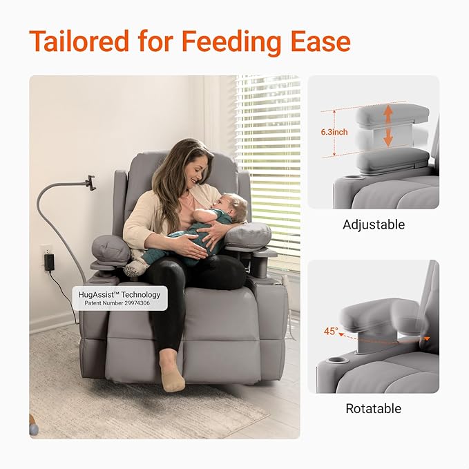Rocking Chair Nursery with Adjustable Armrests, Electric Glider Recliner Nursing Chair for Breastfeeding, Power Swivel Recliner Chairs with USB Port and Storage, FSC Certified (Haze)