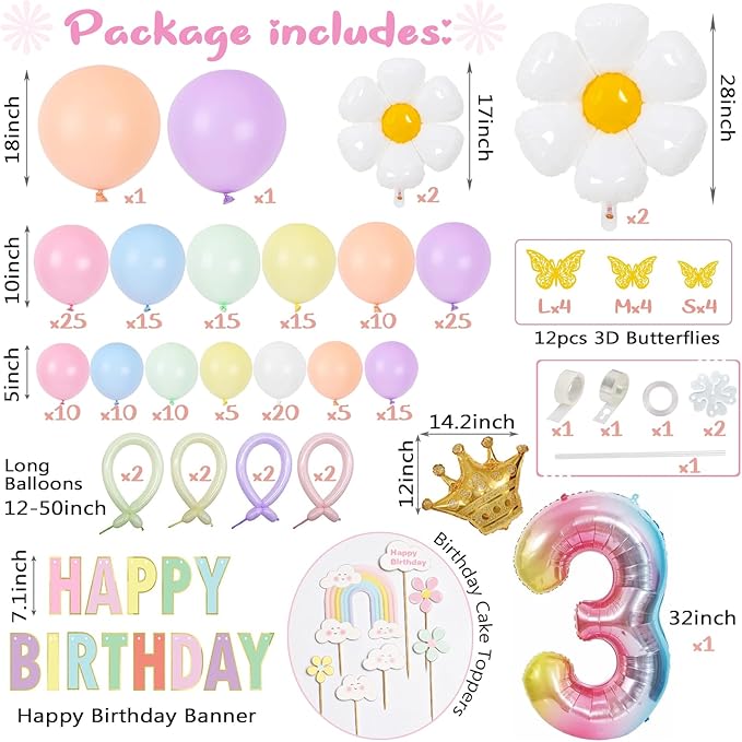 Daisy 219Pcs Balloons Garland Kit with Number 3 Balloon, Banner, Cake Topper, Rainbow Birthday Party Decorations for 3 Year Old Girl