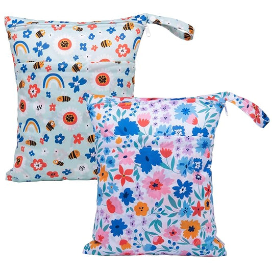 ALVABABY 2pcs Cloth Diaper Wet Dry Bags Waterproof Reusable with Two Zippered Pockets Travel Beach Pool Daycare Soiled Baby Items Yoga Gym Bag for Swimsuits or Wet Clothes LX-YX8688