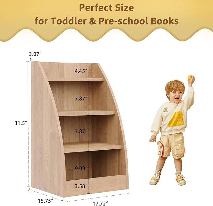 Kids Bookshelf,4 Tier Kids Book Shelf for Kids Rooms,Wood Children Bookcase,Baby Storage Book Rack,Toddler Bookshelf, Book and Toy Organizer,Book Display Shelf for Bedroom, Playroom, Nursery
