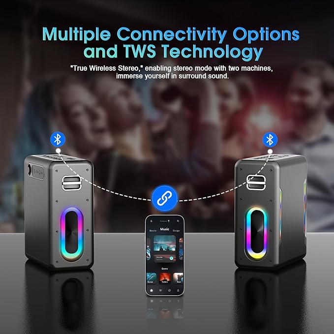 Karaoke Machine with Two Wireless Microphones, Powerful Portable Bluetooth Speaker for Adults & Kids, PA System with 2 Voice Mode, LED Lights, Supports BT/TWS/AUX/USB/TF for Party (Black+Sliver)