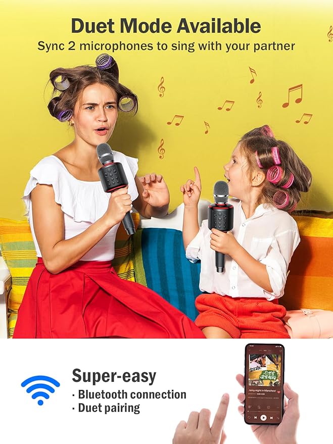 Wireless Bluetooth Karaoke Microphone, Built-in Loud Speaker for 10H Playback, Add Reverb/Duet Mode/Earbuds Monitoring, Portable Karaoke Machine for Entertainment & Singing Practice (Black&Red)