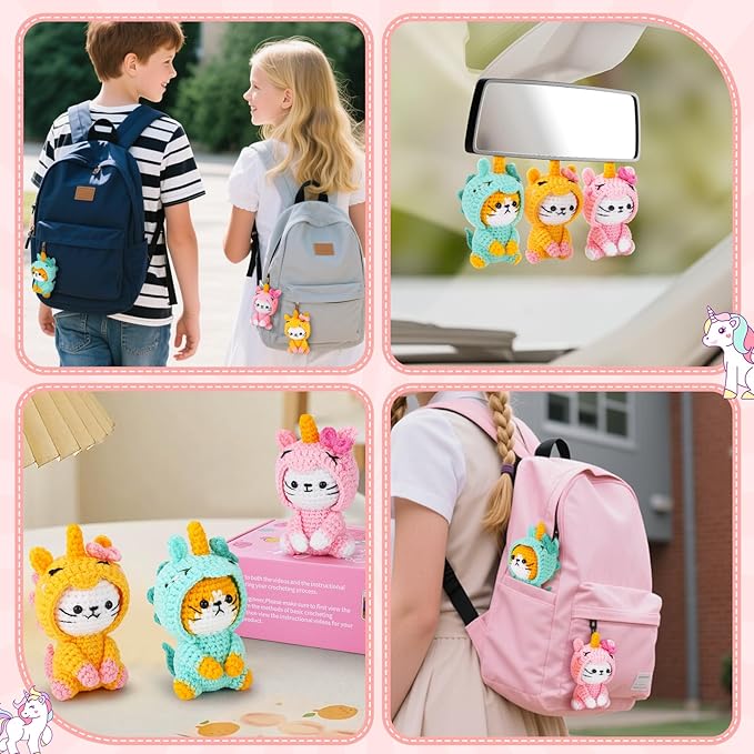 Crochet Kit for Beginners - 3 PCS Unicorn Cat Crochet Kits with Step-by-Step Video Tutorials, Beginner Crochet Kit for Adults Kid, Crochet Animal Kit for Starters, Cat Dressed as Unicorn Set