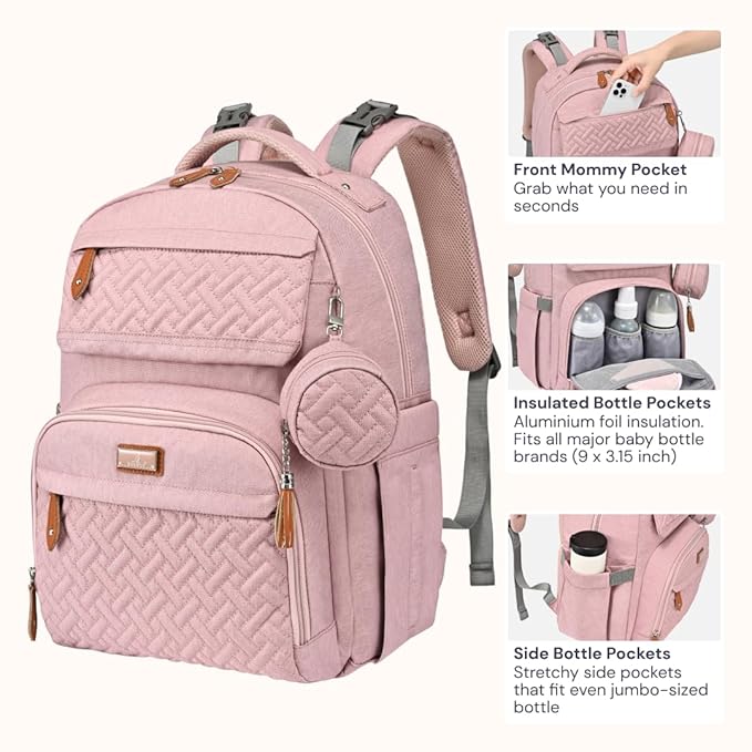 BabbleRoo Diaper Bag Backpack, Travel Backpack with Changing Pad, Pacifier Case & Stroller Straps, Multifunction, Waterproof, Unisex – Pink