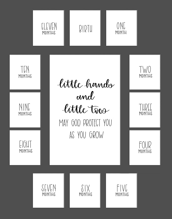 Rustic Red Door Co. Baby's First Year Picture Mat - No Frame - Little Hands and Little Toes Photo Collage - 13 Picture Slots - Newborn Birth to One Year Birthday - Watch Your Baby Grow (Grey Mat)