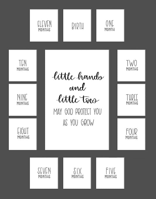 Rustic Red Door Co. Baby's First Year Picture Mat - No Frame - Little Hands and Little Toes Photo Collage - 13 Picture Slots - Newborn Birth to One Year Birthday - Watch Your Baby Grow (Grey Mat)