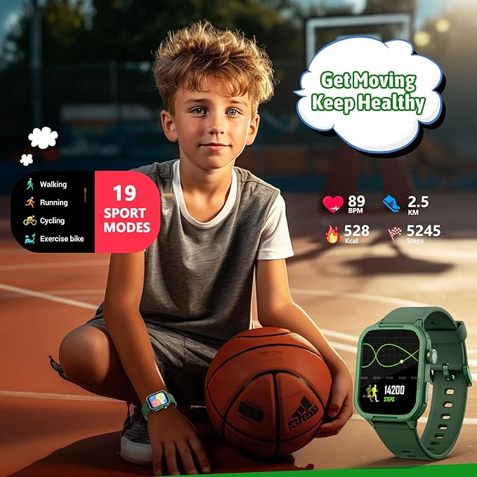 Smart Watch for Kids No Phone Needed, Tempered Glass Fitness Tracker Boy Teens with 19 Sport Modes, Pedometer, Sleep Monitor, Kids Watch Birthday Gifts Toy Gift for Girls Boys 6-16 (Green)