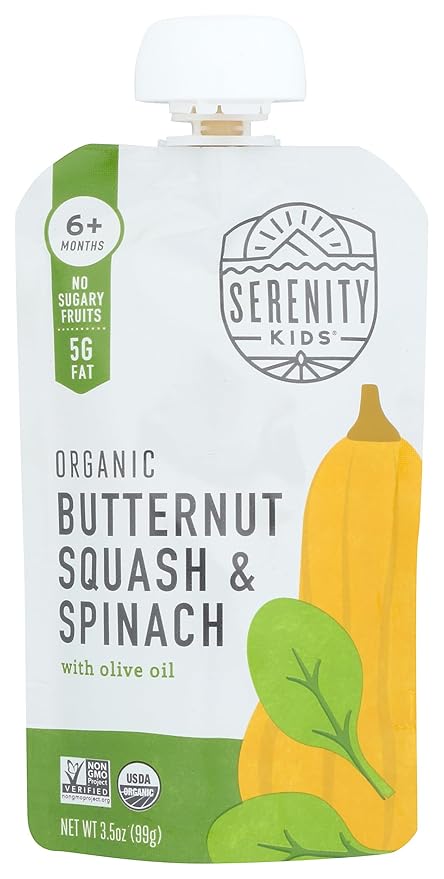 Serenity Kids 6+ Months USDA Organic Veggie Puree Baby Food Pouches | No Sugary Fruits or Added Sugar | Allergen Free | 3.5 Ounce BPA-Free Pouch | Butternut Squash & Spinach | 1 Count