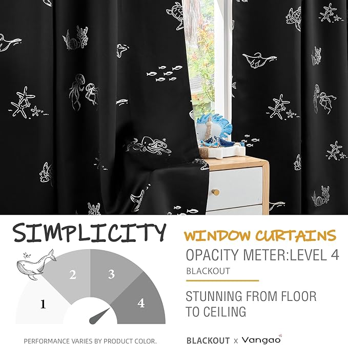 Vangao Kids Curtains for Boys Bedroom Kids Blackout Curtains 84 Inch Length Ocean Aquarium Nursery Drapes for Girls Bedroom Silver Sea Animals Print Thermal Insulated Drapes, Black 2 Panels