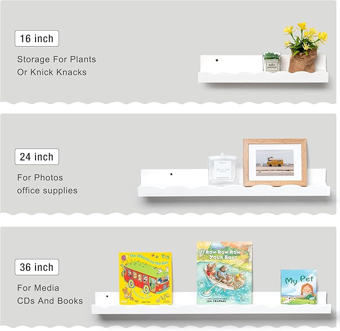 Fun Memories Picture Ledge Shelf for Wall, 16 inch Pine Wood Nursery Book Shelves Set of 4- Wall Book Shelves for Kids Room, Home Decor - Kitchen Spice-White