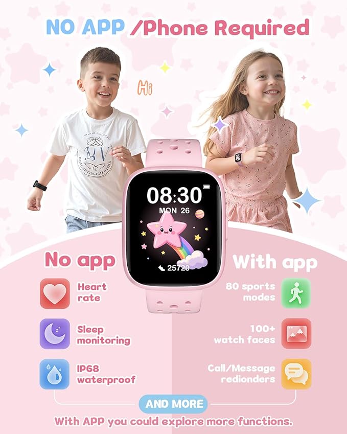 Kids Watch for Girls 5-12, Kids Smart Watch Fitness Tracker Pedometer, No Phone Needed, Puzzle Games with Parental Control, IP68 Waterproof, Heart Rate, Sleep Monitor, Step Counter, 80 Sports