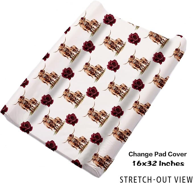 Custom Nursery Crib Bedding Set: Personalized Name 4 Piece Rose Highland Cow Design Baby Crib Sets for Girls - Toddler Double Layer Blanket Set, Comfortable Crib Bed Sheets for Baby Toddlers