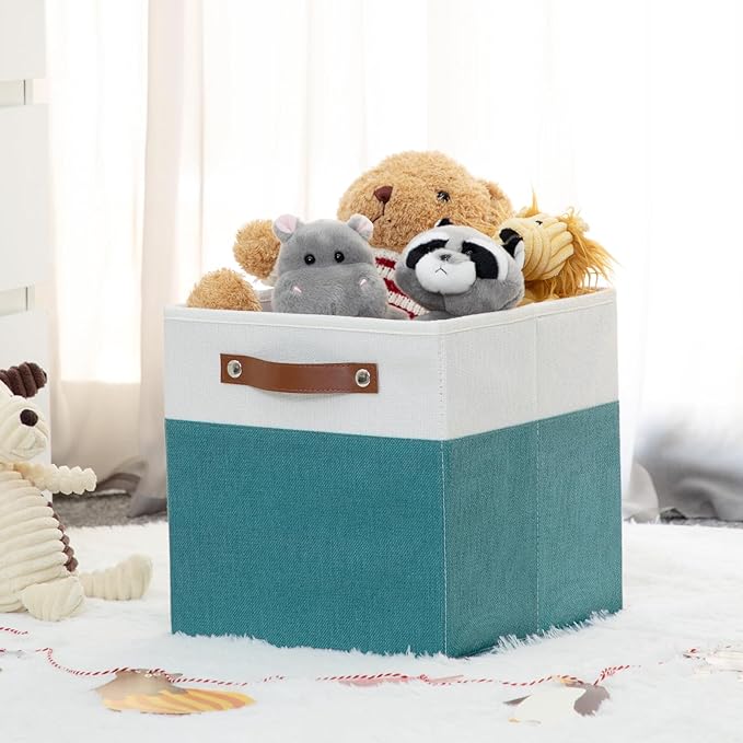 HNZIGE Fabric Storage Cube Bins Baskets for Organizing, 11 inch Cube Storage Bins, Set of 4, Collapsible Storage Bin with Handles, Closet Organizers and Storage Home Toy Nursery Bedroom(White Teal)